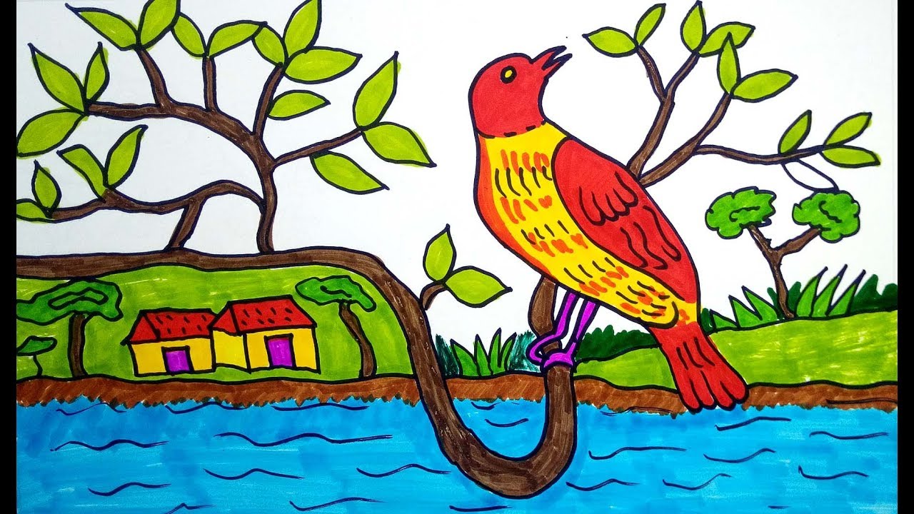 Featured image of post Colorful Bird Scenery Drawing / I draw two rounded shapes for the bird&#039;s head and body.