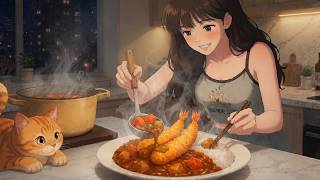 Cozy Night After Work 🍛 Shrimp Tempura Curry & My Cat | Anime ASMR