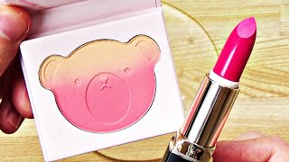 Satisfying Slime Coloring with Makeup! Mixing Cute Bear Cheek & Glitter Eyeshadow into Clear Slime!