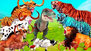 10 Giant Tigers vs 10 Zombie dinosaurs vs lion Attack Baby cow Bull Save By Woolly Mammoth Elephant