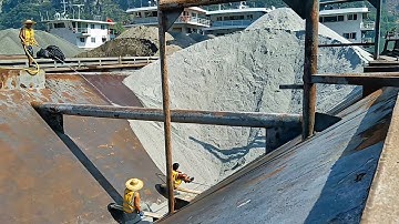 Barge unloading 4800 tons of white sand - relaxing flow video - Vlog of work on barge