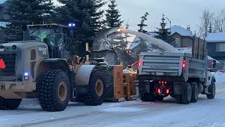 Alaska Snow Removal: CAT Snow Blower & Dump Trucks Clear Streets After Heavy Snow Storm.