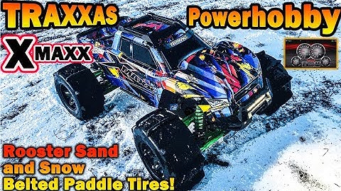 Traxxas XMAXX with Powerhobby Rooster Belted Paddle Tires in Snow plus Telemetry!@josephsrc