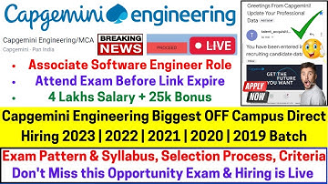 Capgemini Engineering Biggest OFF Campus Direct Hiring Started 2023-2019 Exam Test Ongoing 4.5 Lakhs