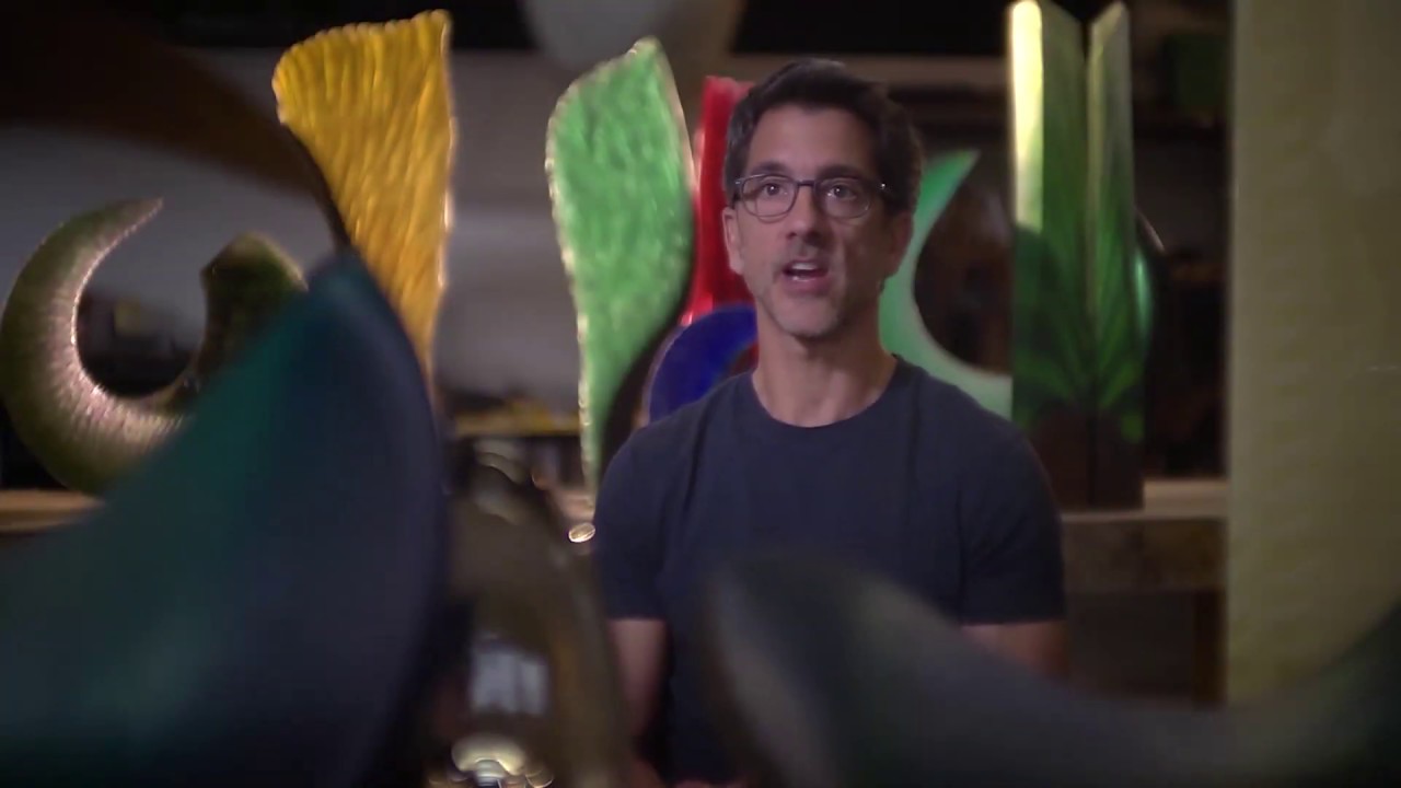 Alex Bernstein's cast & cut glass with fused steel sculptures at Winterowd Fine Art