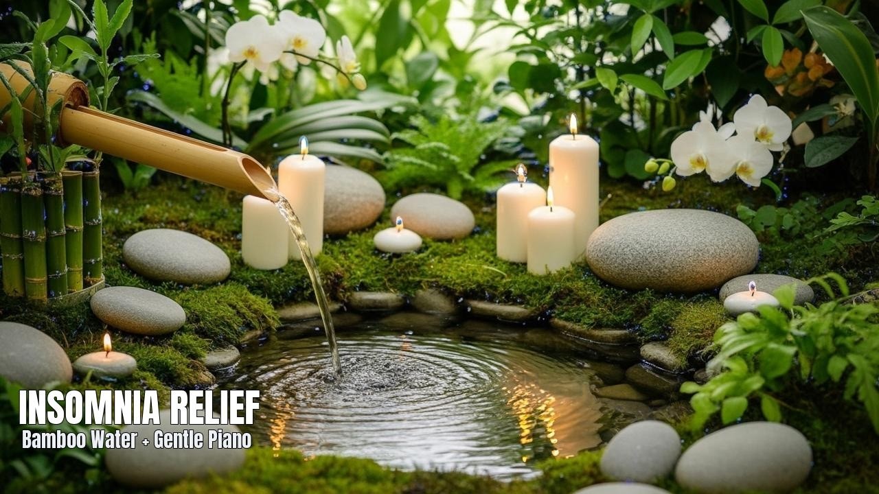 Insomnia Relief: Bamboo Fountain Sounds + Gentle Piano (No Talking) • Live Soundscape