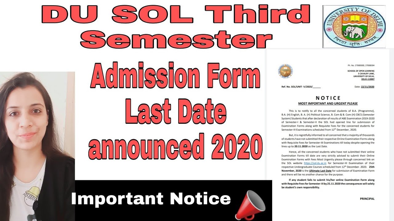 DU-SOL latest update2020 📣 /Du sol Third Semester Admission Form Last date announced 2020