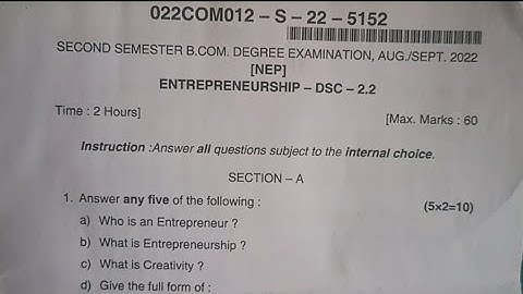 Entrepreneurship B.com 2nd Semester Degree NEP Question Paper Aug/Sept Year 2022 Dharwad University