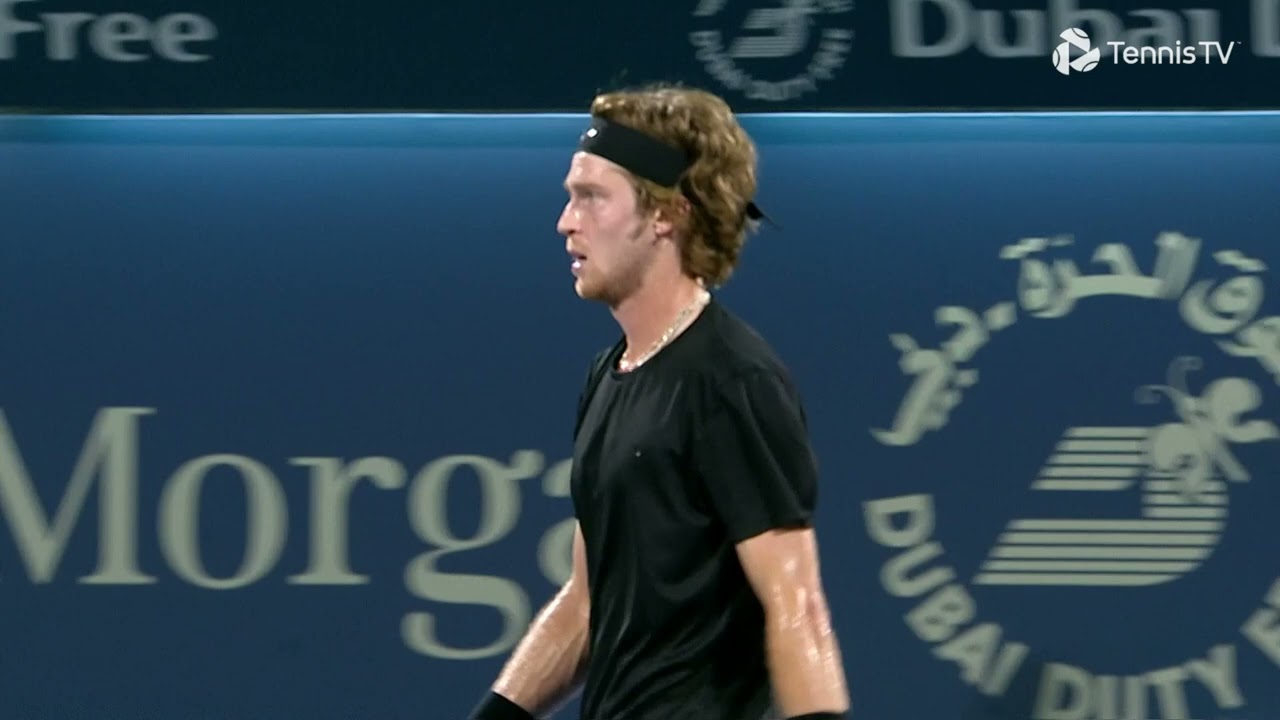 DUBAI, UAE, 4th March 2023. 2022 champion Andrey Rublev in action during  the men's singles final of the Dubai Duty Free Tennis Open Championships.  3rd seed Daniil Medvedev defeated Rublev 6-2, 6-2