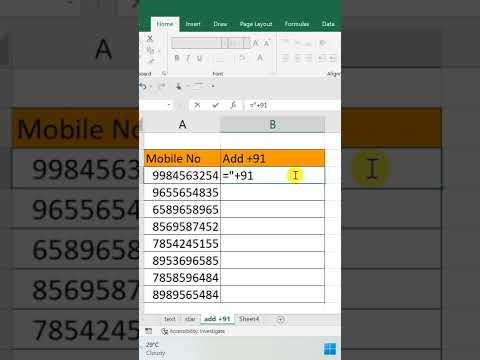 add +91 before number in excel