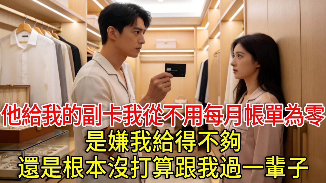 他給我的副卡我從不用，每月帳單為零。昨天他把我堵在衣帽間，舉著那張沒拆封的黑卡，聲音很低：“是嫌我給得不夠，還是根本沒打算跟我過一輩子。”#玖玖講故事#現代愛情#女性主角#小說#情感#婚姻#人生哲理