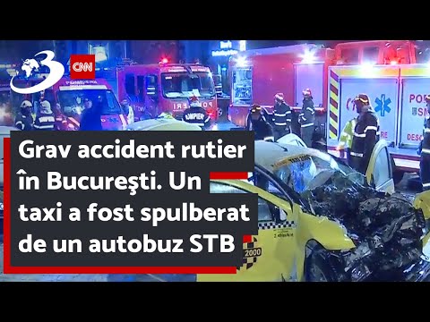 Grav accident rutier în Bucureşti. Un taxi a fost spulberat de un autobuz STB