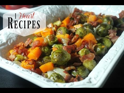 Roasted Brussel Sprouts & Butternut Squash with Bacon and onions - I Heart Recipes