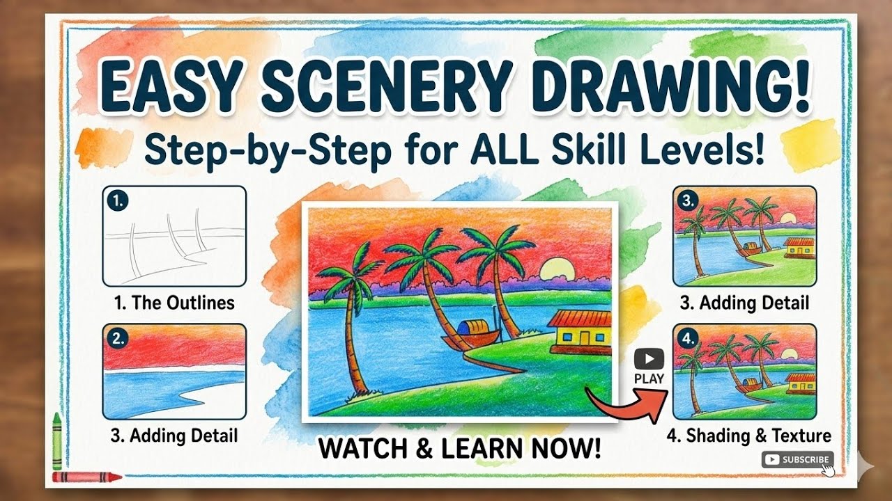 How to Draw Easy Scenery Step by Step | Beautiful Sunset Landscape ...