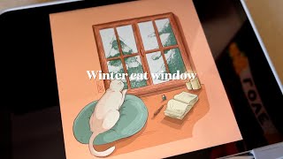 Winter Cat Window | Cozy winter cat illustration with procreate ✨