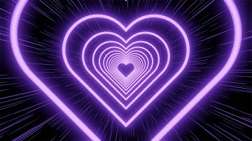 NEON TUNNEL OF BRIGHT PURPLE HEARTS. Black background. Video Loop