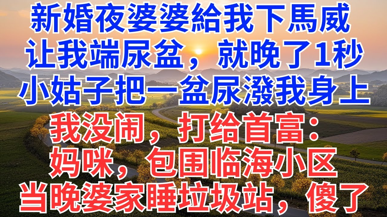 新婚夜婆婆給我下馬威 ，让我端尿盆，我晚了1秒，小姑子就把一盆尿潑我身上，我没闹，打给首富：妈咪，包围临海小区，当晚婆家睡垃圾站，傻了！#為人處世#小說#故事#家族恩怨#生活經驗