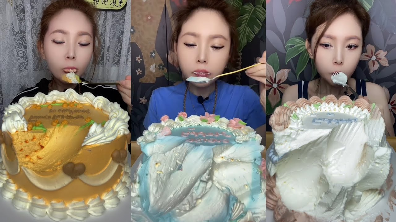 ASMR MUKBANG Colorful Birthday Cream Cake Eating Sounds