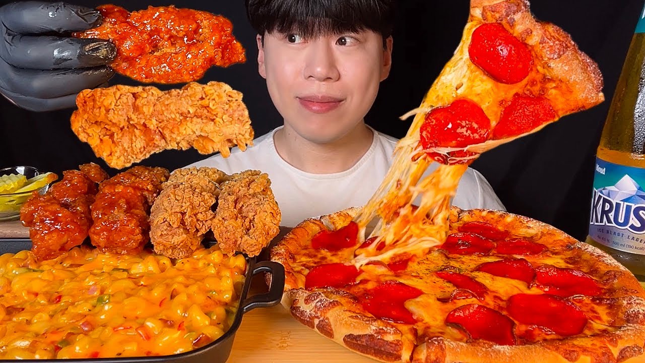 SUB) Корейская курица, пицца пепперони, мак-н-чиз мукбанг asmr