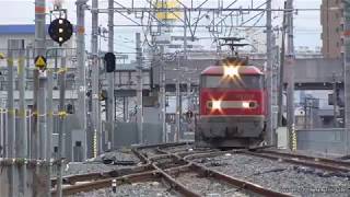 JR貨物　おおさか東線の新線から転線して城東貨物線神崎川橋梁を渡る4071ﾚ貨物列車を撮影（H31.1.29)