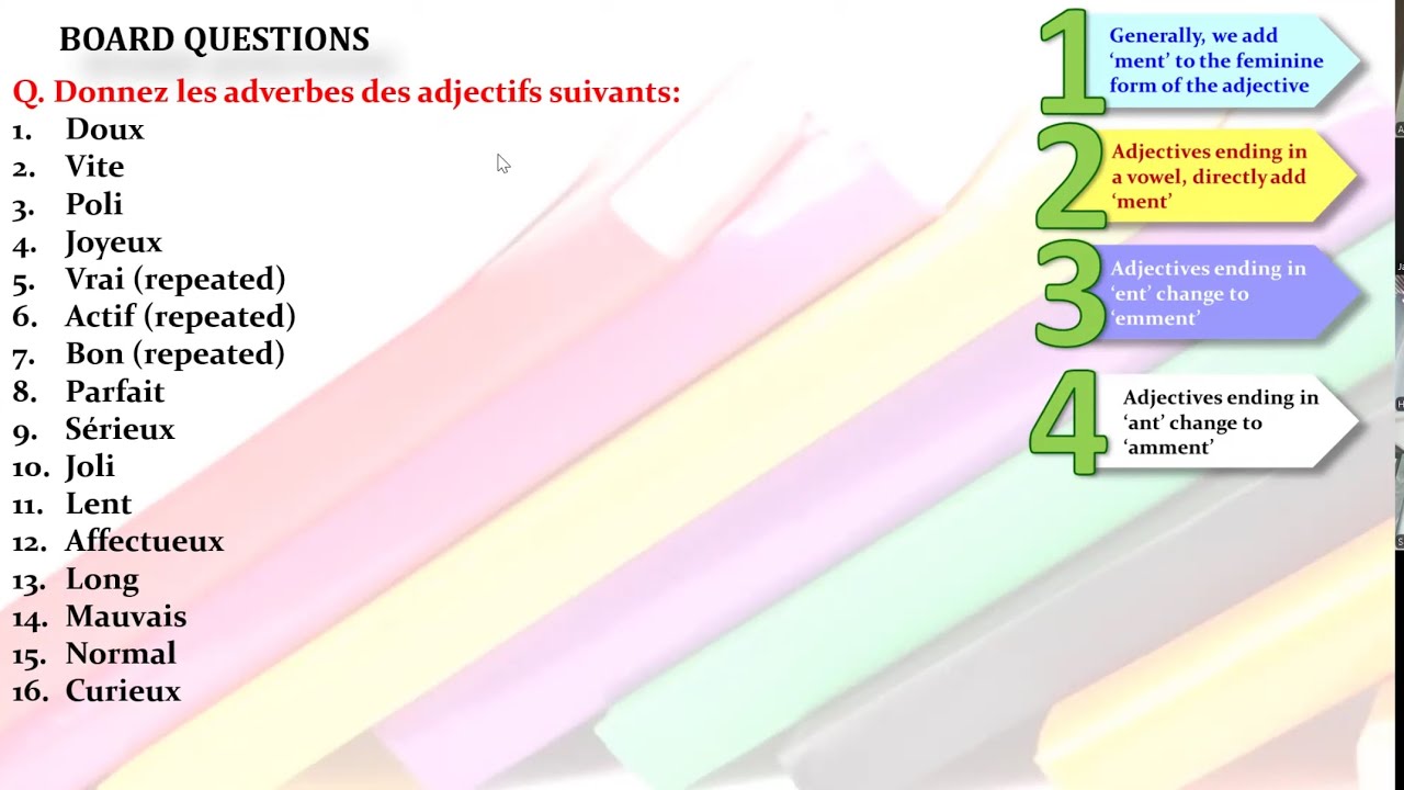 FRENCH COMPOSITE BOARD QUESTIONS SOLUTIONS FOR PLURALS FEMININES AND ADVERBS