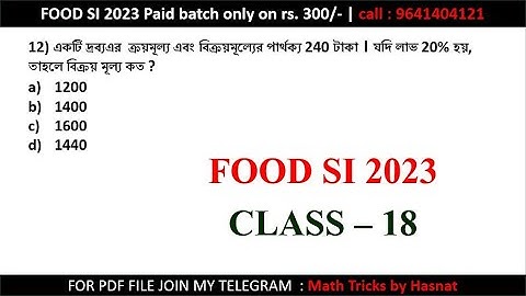 WBPSC FOOD SI (SUB INSPECTOR) CLASS 18 | complete math solution | Math Tricks by Hasnat