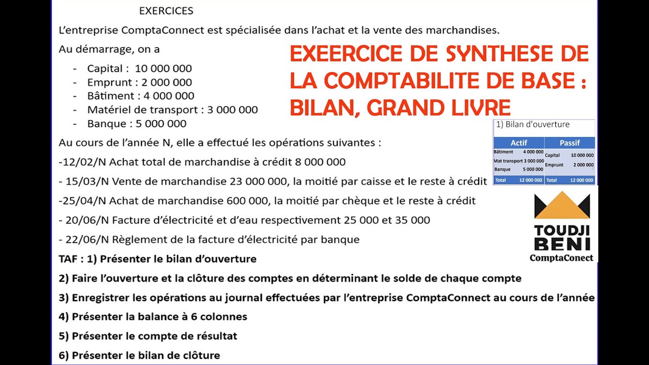 EXERCICE ET CORRECTION DU BILAN D'OUVERTUE, OUVERTURE DES COMPTES ( GRAND LIVRE)@ComptaConnect