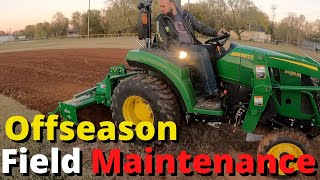 John Deere 2038R and Frontier RT1165 Tiller Doing Offseason Baseball Field Maintenance