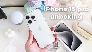 iPhone 15 Pro UNBOXING ASMR, setup + magsafe accessories! White VS Natural Titanium? ✨ aesthetic