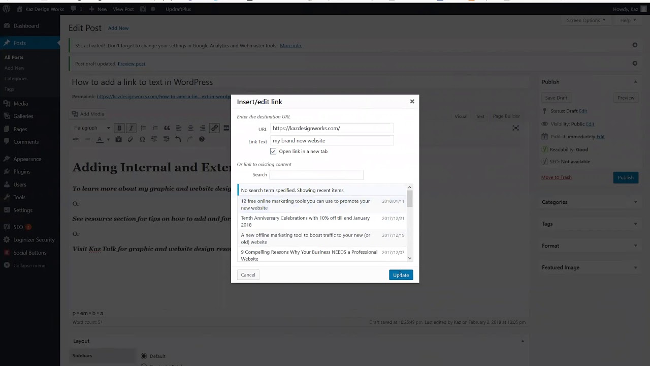 How to add a link to text in WordPress - YouTube