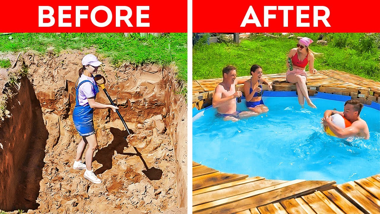 DIY Giant Backyard Pool || Cheap Ways To Transform Your Backyard