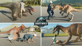 HUMAN VS ALL CARNIVORES AND FLYING REPTILES ANIMATION IN JURASSIC WORLD EVOLUTION 3