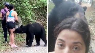 Woman takes selfie with bear on hiking trail in Mexico