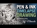 Timelapse ink drawing of monster on playmat by fantasy artist jeff miracola