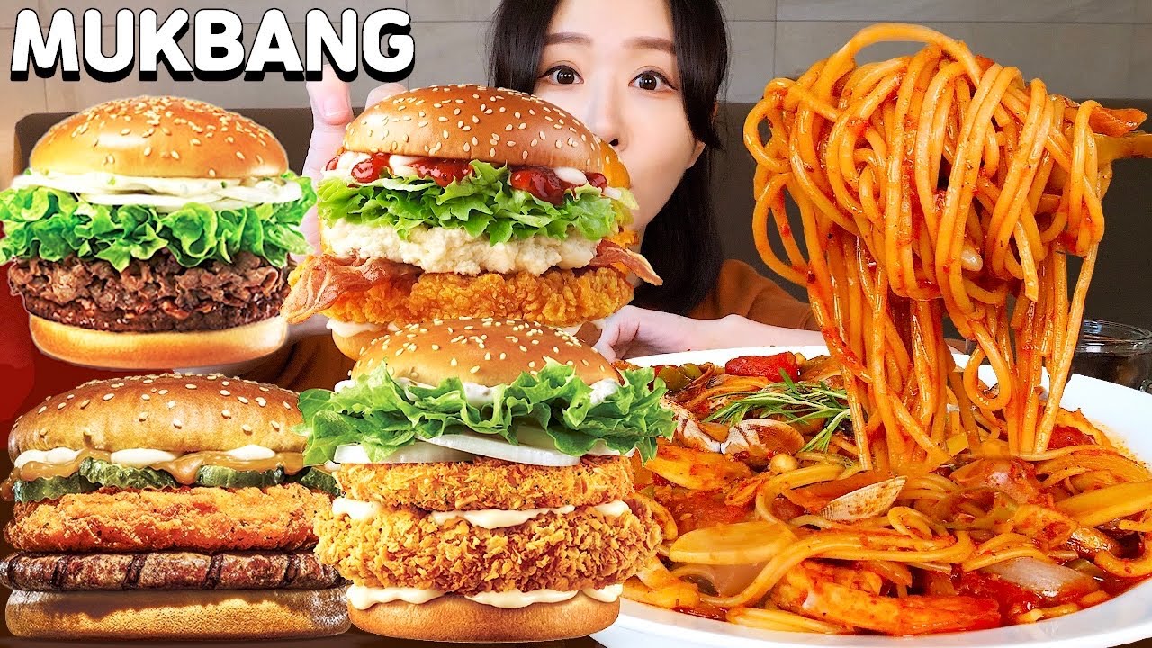 MUKBANGㅣASMR 햄버거 신메뉴 4가지 몽땅 먹어봤습니다🍔 매운 해산물 토마토 파스타와 먹방🍝 New hamburgers, Spicy Seafood tomato pasta