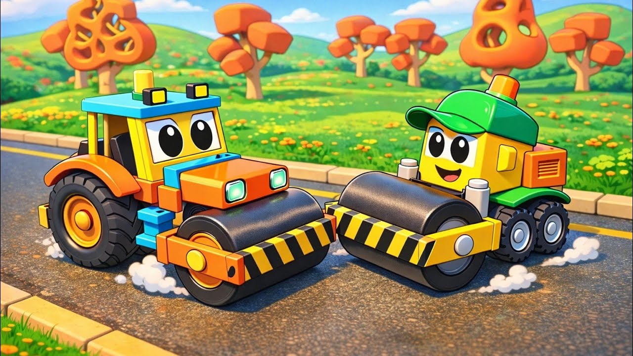 Car Cartoons For kids. Road Roller Vehicles. Nursery Rhymes Road