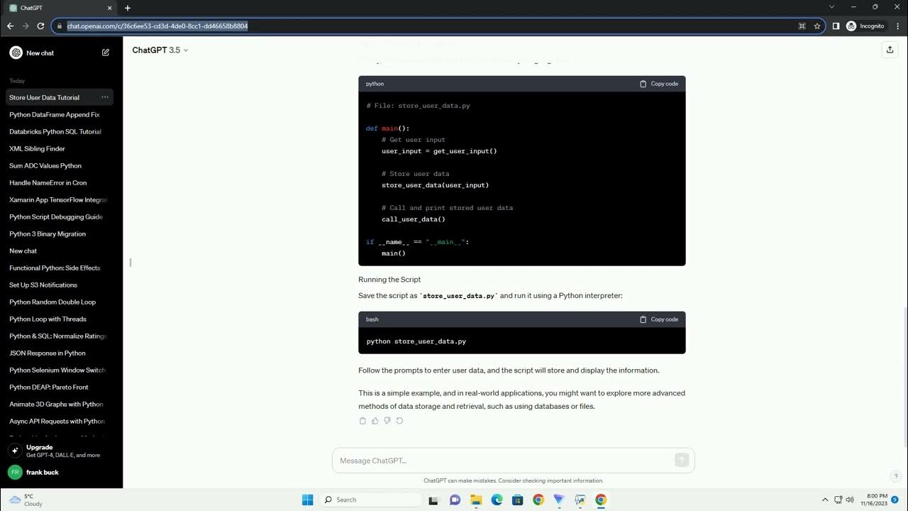 Way to store user input data to be called later in Python - YouTube