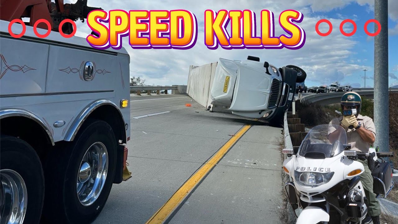 Speeding semi flips over on freeway bridge - YouTube