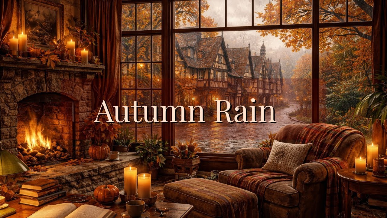 Cozy Autumn Rain Fireplace Ambience | 1 Hour Soft Rain Sounds for Sleep, Study, Relaxation & Focus