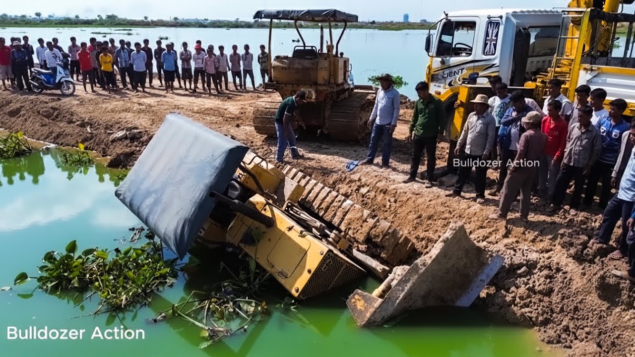 Incredible Recovery Bulldozer Sink into Deep lake by Komatsu D31P Dozer & Crane