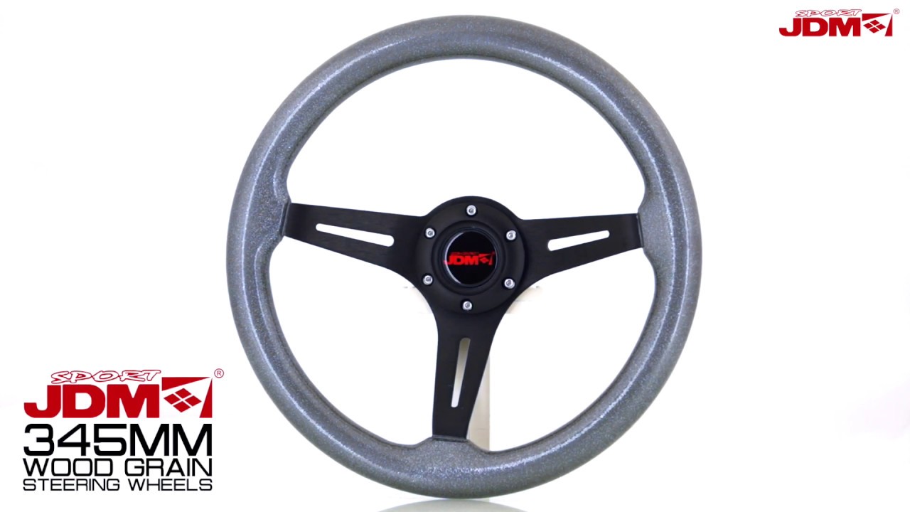 JDM SPORT 345MM METALLIC GUN-METAL WOOD GRAIN STEERING WHEEL