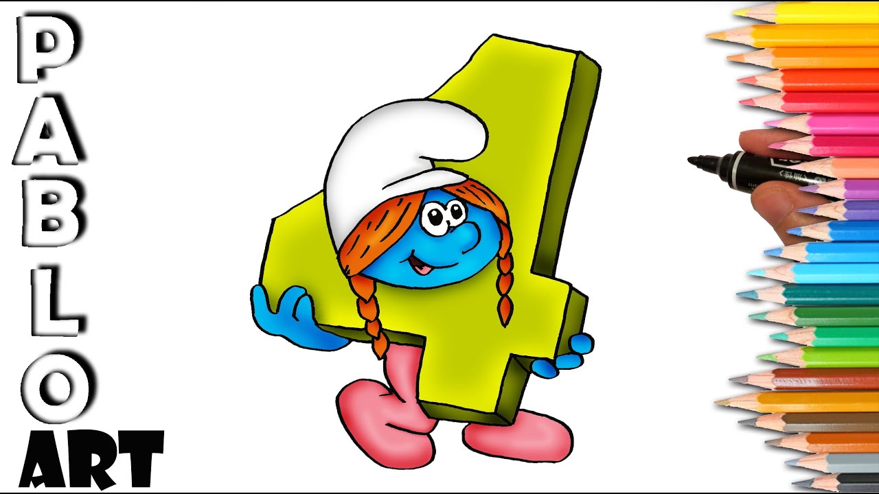 How to draw Number 4 Four - Sassette Smurfs from The Smurfs | Learn to ...