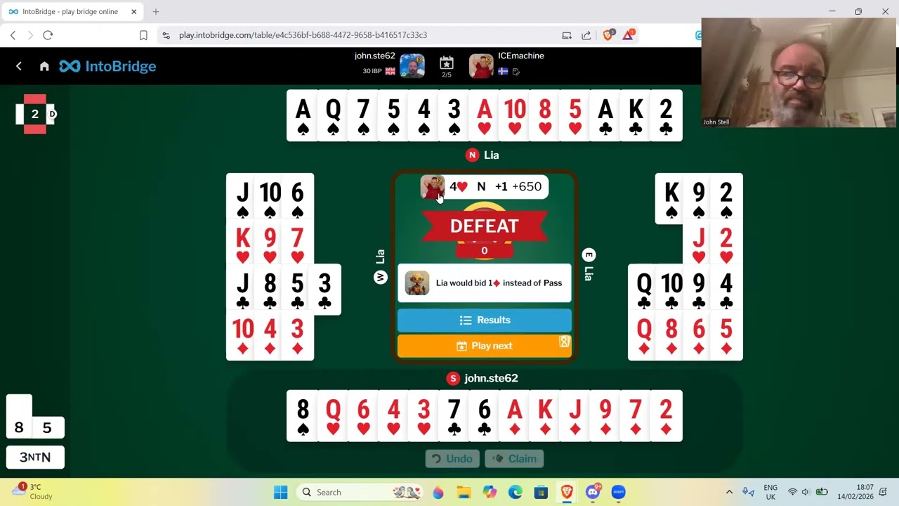 Мой матч против ведущего игрока в бридж Свейна Эйрикссона, 14 февраля 2026 года.