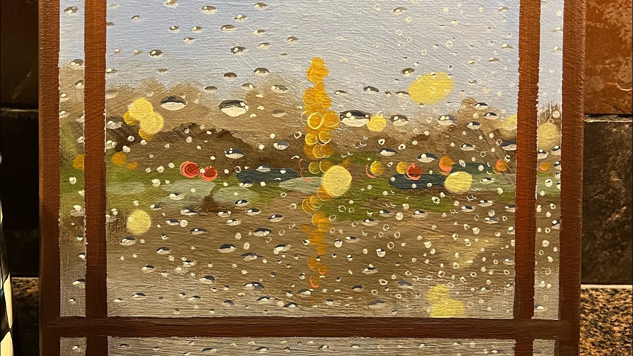 A view through a blurry, rainy window. Abstract impressions painting water droplets: acrylic paints 