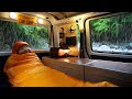 Camping alone in small car in Heavy rain. Overnight in the mountain stream.