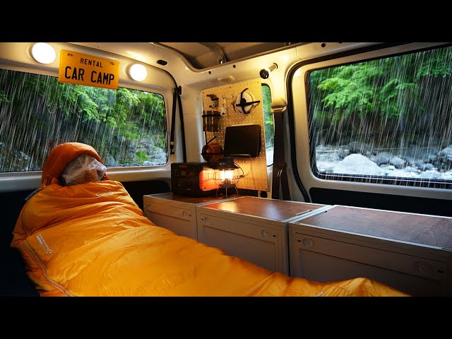 Camping alone in small car in Heavy rain. Overnight in the mountain stream. class=