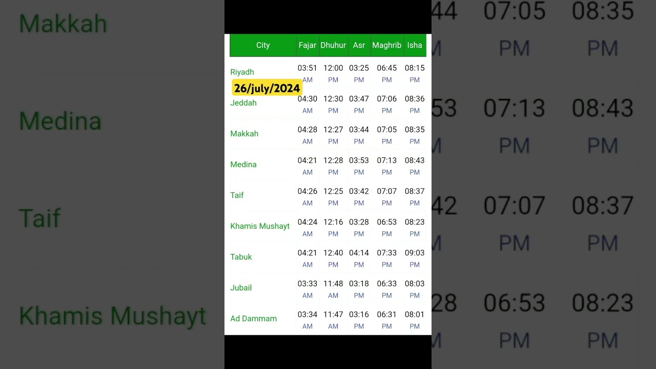 saudi fajar azan time || 5 times namaz timing of saudi arabia 26 july 2024