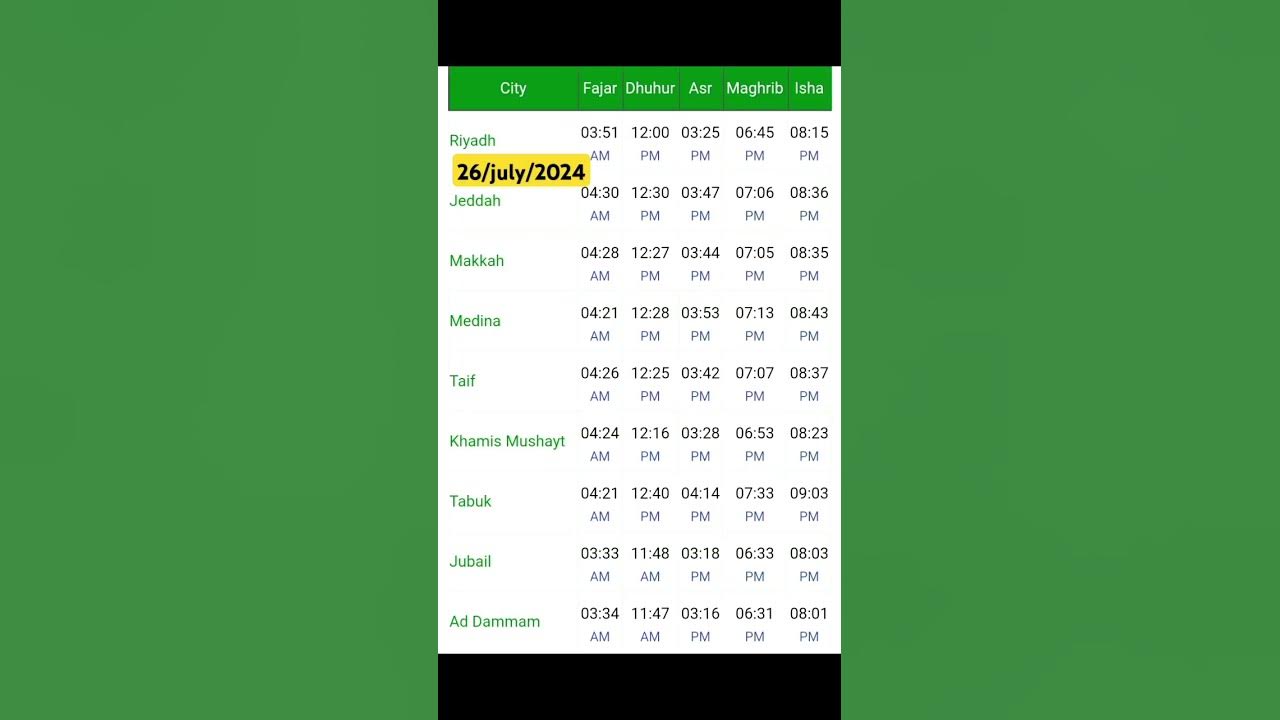 saudi fajar azan time || 5 times namaz timing of saudi arabia 26 july 2024