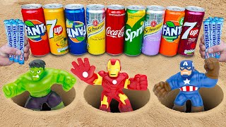 Hulk, Captain America, Iron Man VS Fanta, Cola, Sprite, 7Up and Mentos