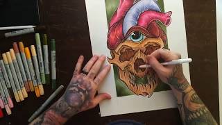 Copic marker time lapse. Neo traditional skull heart.